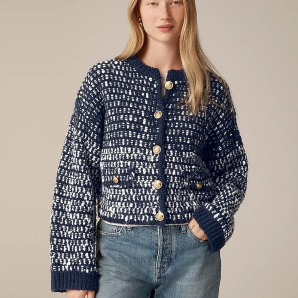 NEW J.Crew Relaxed Tweed Jacket Navy &‎ White Lady Sweater Jacket Size Large
